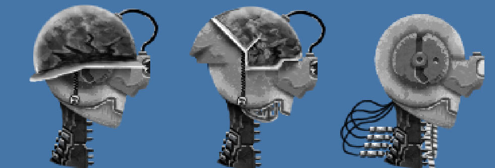 A modular asset pack depicting greyscale worn-down robots in 128x128 resolution